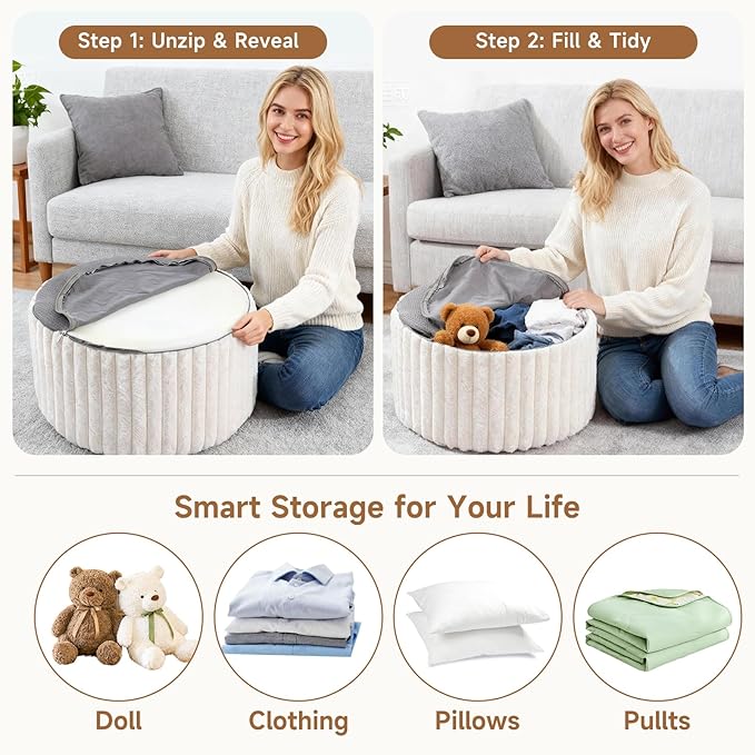 Tiita Floral Pouf Ottoman, Foot Stools Ottoman with Foam Chunk Filling, Puff Foot Rest for Couch, Living Room, Kids Room, Cream