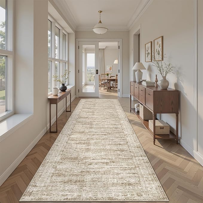 Runner Rug 2'6" x 12' Washable Non-Slip Runner Rugs for Kitchen Bathroom Laundry Room Vintage Ultra Thin Runners for Hallway Entryway Brown