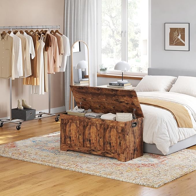 DINZI LVJ Storage Chest, 39.4” Wooden Toy Box with 2 Safety Hinges, Entryway Shoe Bench with Flip-Top, Sturdy Large Storage Trunk for Living Room, Bedroom, Playroom, Easy Assembly, Rustic Brown