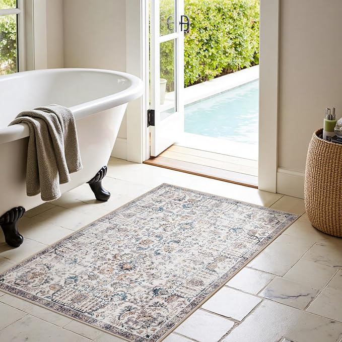 jinchan Kalen Area Rug 3x5 Washable Entryway Rug Vintage Door Mat Indoor Entrance Thin Retro Distressed Floral Doormat Country Boho Lightweight Non Slip Carpet for Bathroom Kitchen Bedroom Blue Multi