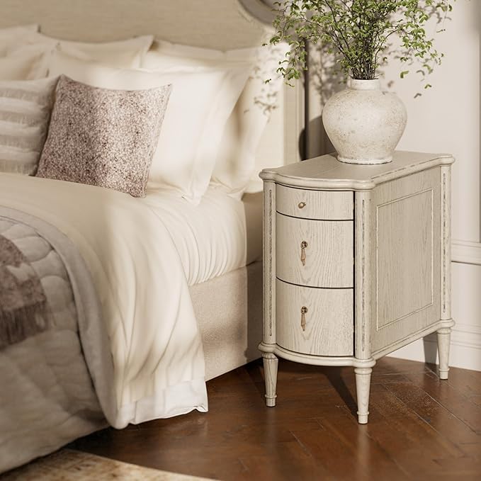 STO'SENSE Nightstand Set of 2 w/Charging Station & 3 Drawers, Pre-Assembled, Vintage Side Table w/Antique-Finished Pulls, Rustic Wood Finish, Narrow End Table w/Turned Legs for Bedroom, Antique Grey