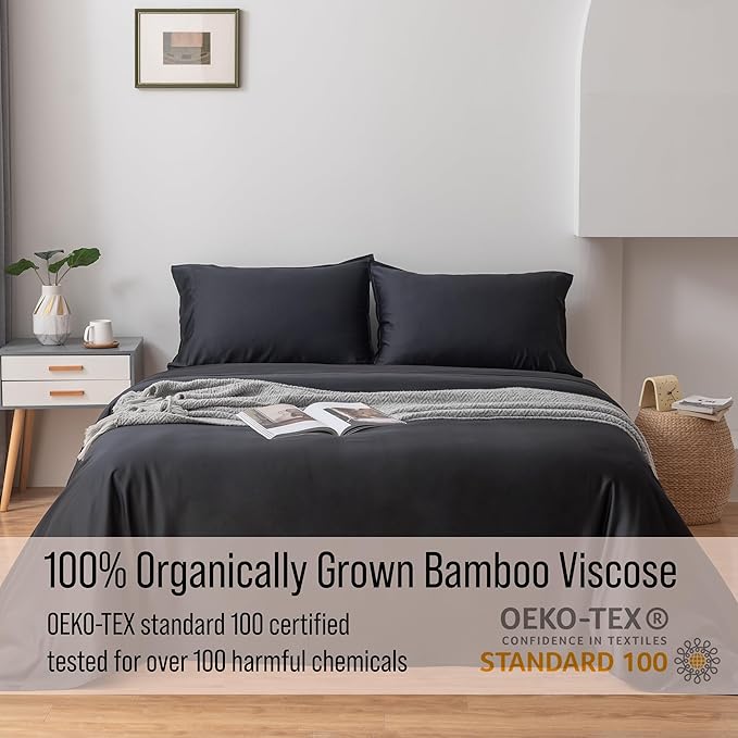 Bella Coterie Luxury Bamboo Viscose Twin XL Size Sheet Set | 100% Organically Grown | Ultra Soft | Cooling for Hot Sleepers | 18" Deep Pocket [Black]