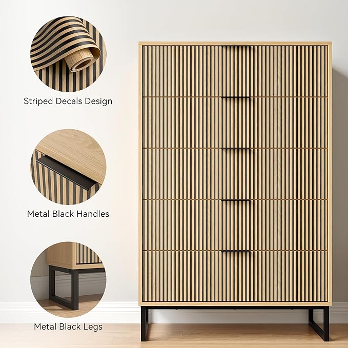 5 Drawers Dresser Set of 2, 49.2’’ Tall Modern Chest of Drawers for Bedroom, Large Closet Dressers with Drawers, Wooden Drawer Dresser for Bedroom, Living Room, Hallway