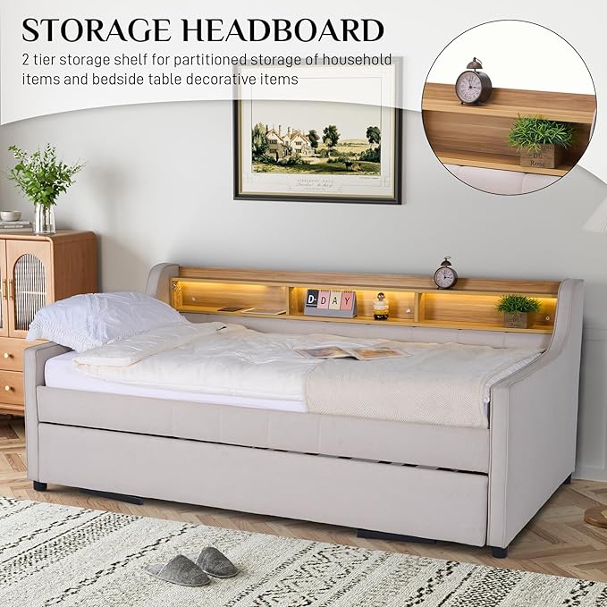 Twin Size Daybed with Pop Up Trundle Bed, Linen Fabric Upholstered Day Bed Frame with w/LED/USB/Type C/Storage Headboard, Twin to King Daybed for Living Room Bedroom, No Box Spring Needed, Beige