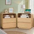 Curved Night Stand Set of 2, 23.2" Large Wood Farmhouse Nightstand with Charging Station & 2 Storage Drawers Bedside Table, Modern End Table for Bedroom, Living Room, Natural