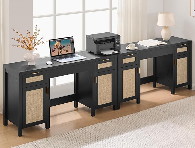 SICOTAS 2 Pieces Rattan Vanity Home Office Desk - Big Boho Makeup Vanities Benches with Drawers & Storage Cabinets, Dressing Vanity Table for Makeup Room, Bedroom, Home Office, Black Oak