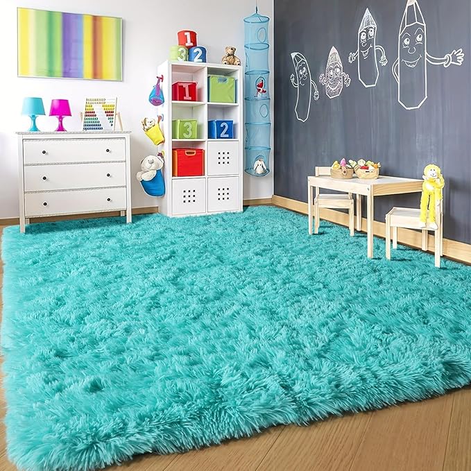 PAGISOFE Teal Rug Fluffy Shag Area Rugs for Bedroom Boys 5x7 Soft Fuzzy Shaggy Rugs for Living Room Nursery Carpet Indoor Floor Dorm Boys Girls Dorm Plush Kids Rug for Room Decor Aesthetic