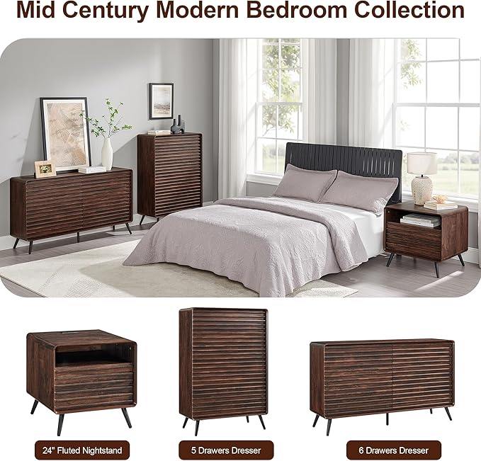 RedLemon 6 Drawers Dresser for Bedroom, 54'' Wide Mid Century Modern Wood Fluted Double Dresser, Chest of Drawers with Tapered Leg for Bedroom, Living Room, Hallway, Closet, Dark Walnut