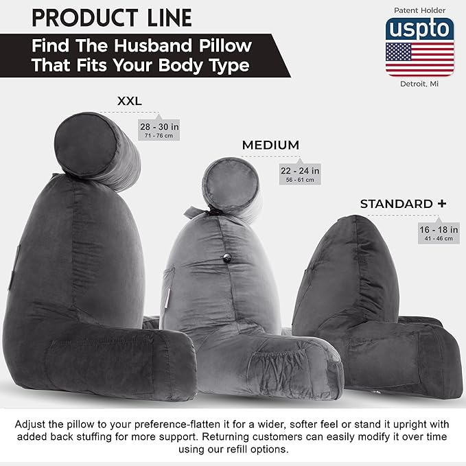 Husband Pillow Aspen Iron Grey, Reading Pillow Bed Rest Chair, Two-Sided Reversible Fabric, Large Lounge Cushion Adult Backrest with Arms, Comfy Back Support for Sit Sitting Up, Wash/Removable Cover