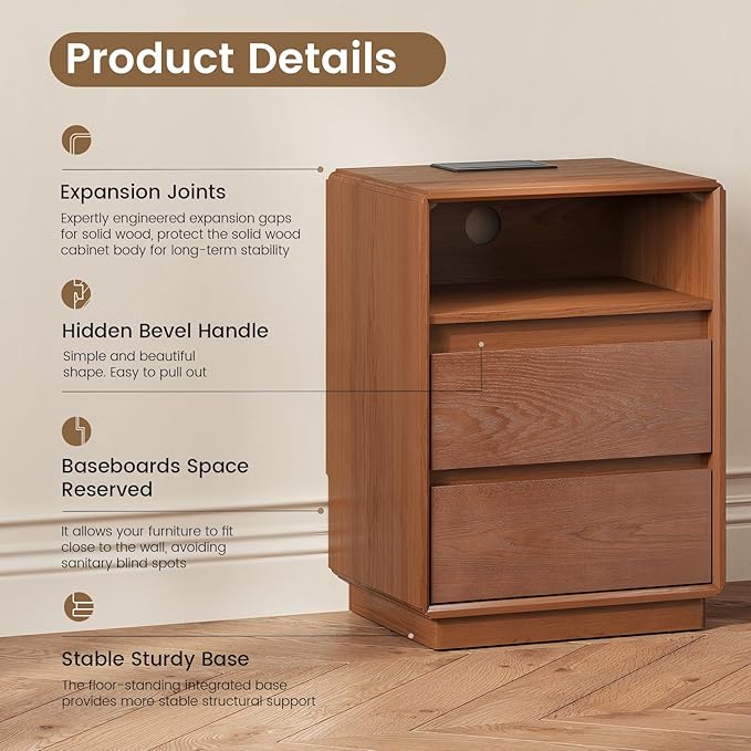 Solid Wood Nightstand, Natural Wood Night Stand with Charging Station, Mid Century Modern Nightstand with 2 Drawers and Storage Shelf, Bedside Table for Bedroom, Office, Brown