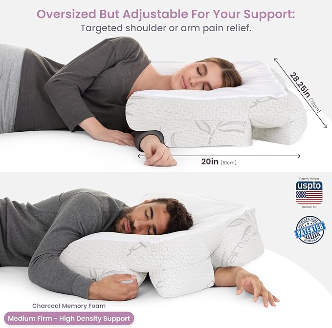 Wife Pillow the Side Sleeper Pillow with Arm Hole for Shoulder Pain - Arm Tunnel Pillow for Side Sleepers, Shoulder Relief & Neck Support Comfort Sleep Pillow for Adults - Charcoal Shredded MemoryFoam