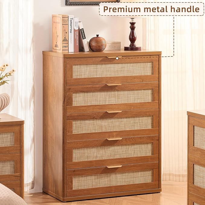 LEYAOYAO Rattan Dresser and Nightstand Set of 3, Boho Wood Dresser for Bedroom with 6 Drawers and Night Stand with Charging Station, Bedroom Furniture, Dressers & Chests of Drawers,Hallway,Living Room