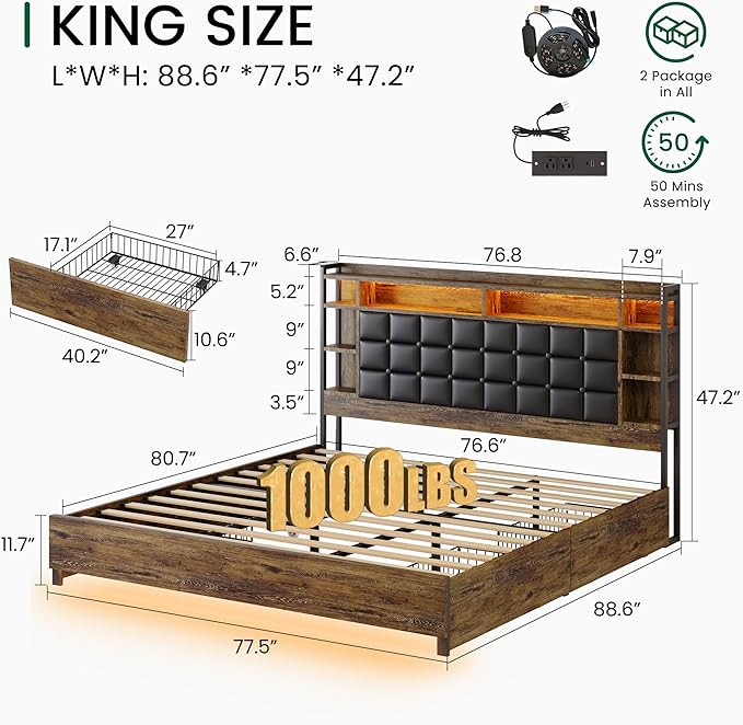 LARMACE King Size Bed Frame with 4 Storage Drawers and Bookcase Headboard, Faux Leather Upholstered, Wooden Platform Bed Frame with Charging Station and LED Lights, No Box Spring Needed, Brown