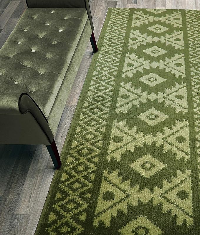 Custom Length Hallway Runner Rug,Slip Resistant,Southwestern Green, 26 Inch X 16 feet, Sold and Priced Per Foot
