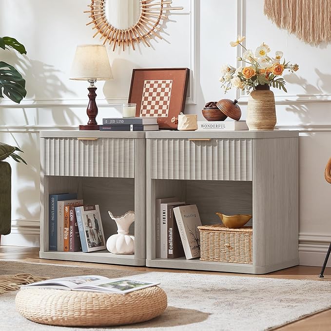 LEYAOYAO 23" Wide Fluted Night Stand with Charging Station, 1 Drawers Large End Table with Storage, LightGrey Nightstand Wood Bedside Tables, Farmhouse Cabinet Dresser for Bedroom, Closet