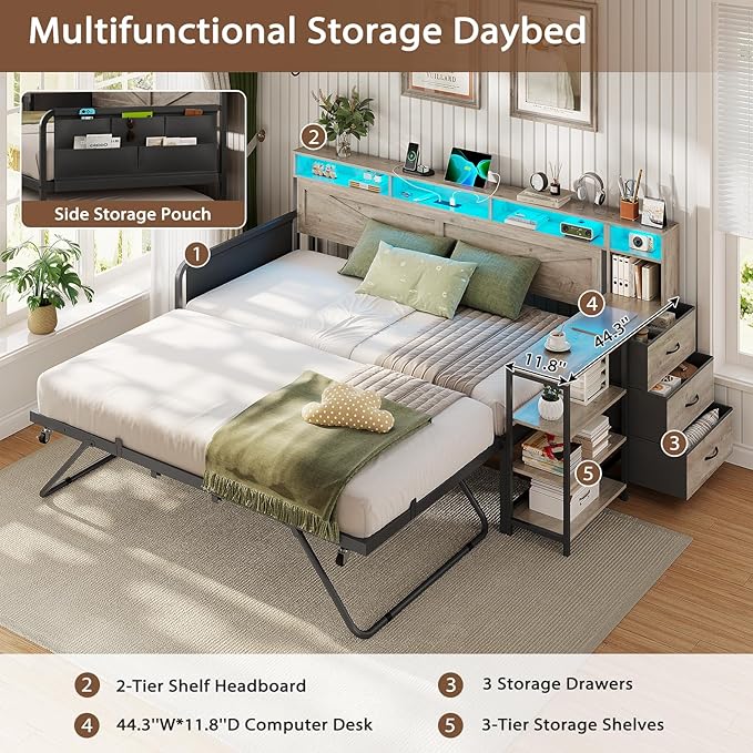 VIAGDO Daybed Twin with Pop Up Trundle, Farmhouse Wooden Day Bed Frame with 3 Storage Drawers and Shelves, Twin to King Daybed with Charging Station and LED Lights for Bedroom, Guest Room, Grey
