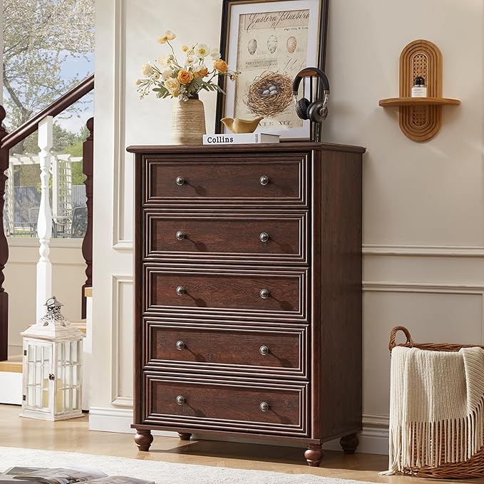 Farmhouse 5 Drawers Dresser for Bedroom, Wood 45" Tall Chest of Drawers, Dresser Rustic Storage Dressers Organizer with Metal Handle Closet for Living Room, Hallway Entryway(Walnut)
