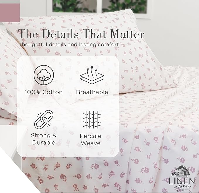 Linen Home 100% Cotton Printed Percale Sheets Queen Size, Deep Pocket, 4 Pieces Set - 1 Flat, 1 Deep Pocket Fitted Sheet and 2 Pillowcases, Crisp Cool and Strong Bed Linen, Mauve Silhouette Floral