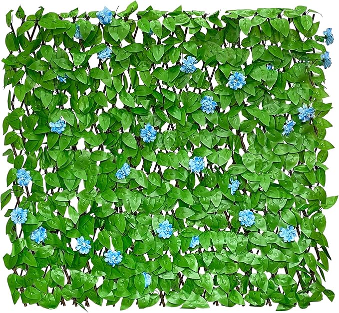 GLANT Expandable Fence Privacy Screen for Balcony Patio Outdoor,Decorative Faux Ivy Fencing Panel,Artificial Hedges (Single Sided Leaves) (2, Blue Flowers)