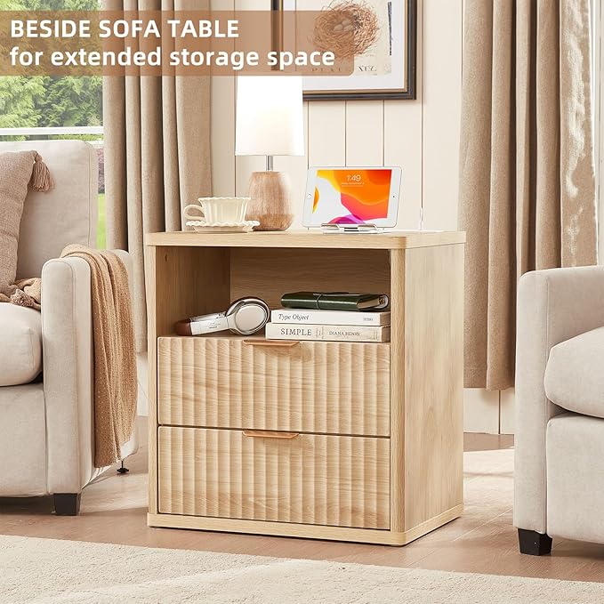 LEYAOYAO Fluted Nightstand Set of 2 with Charging Station,23" Modern Nightstand with Woodgrain Top, 2 Drawer End Table w/Storage, BedsideTables for Bedroom, Living Room, Curved Profile,Wood