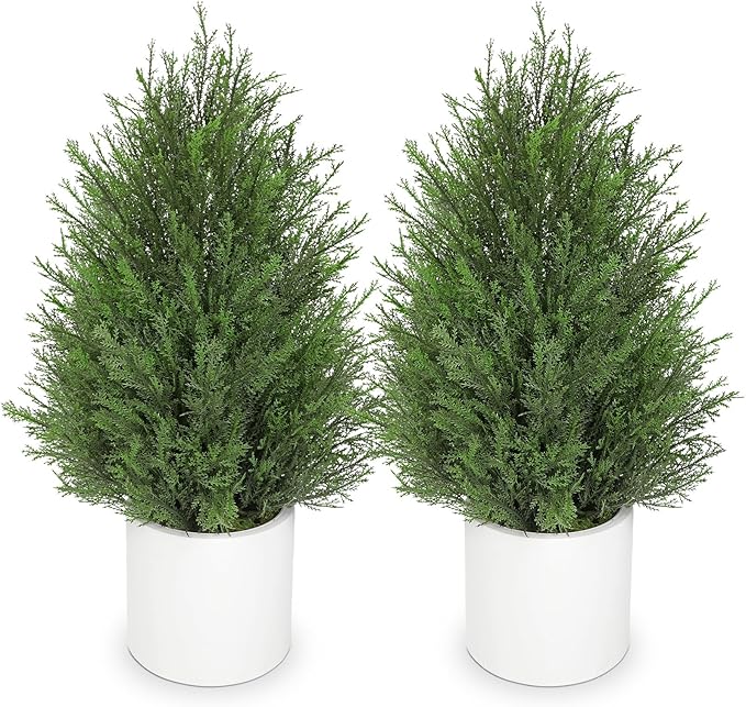 Briful 27” Artificial Cedar Topiary Tree in White Planter, 2PCS – Realistic Faux Evergreen Faux Floor Plant with Layered Leaves, Decorative Indoor Outdoor Potted Shrub for Home, Office, Patio, Porch