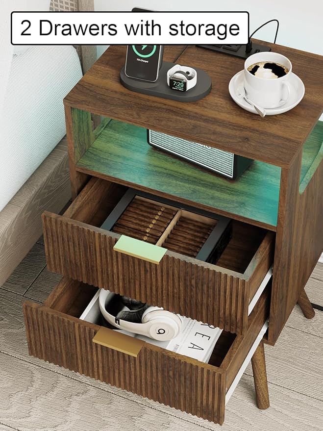 Nightstand with Charging Station and LED Lights, Modern Bedside Table with 2 Storage Drawer and Open Wood Shelf for Bedroom and Small Spaces, Night Stand with Solid Wood Legs