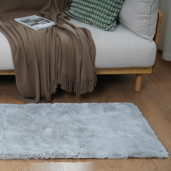 Latepis Grey Fluffy 4x6 Gray Rugs for Bedroom Faux Rabbit Fur Rug Washable Rugs Shag Rug for Living Room, Dorm, Playing Room, Nursery Room
