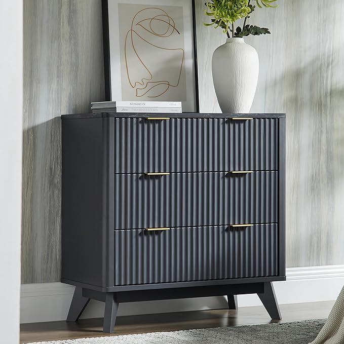 T4TREAM Fluted 3 Drawers Nightstand, Oversized Extra Large Modern Side Table with Faux Marble Top, End Table Bedside for Bedroom, Living Room, Curved Profile Design, Dark Grey