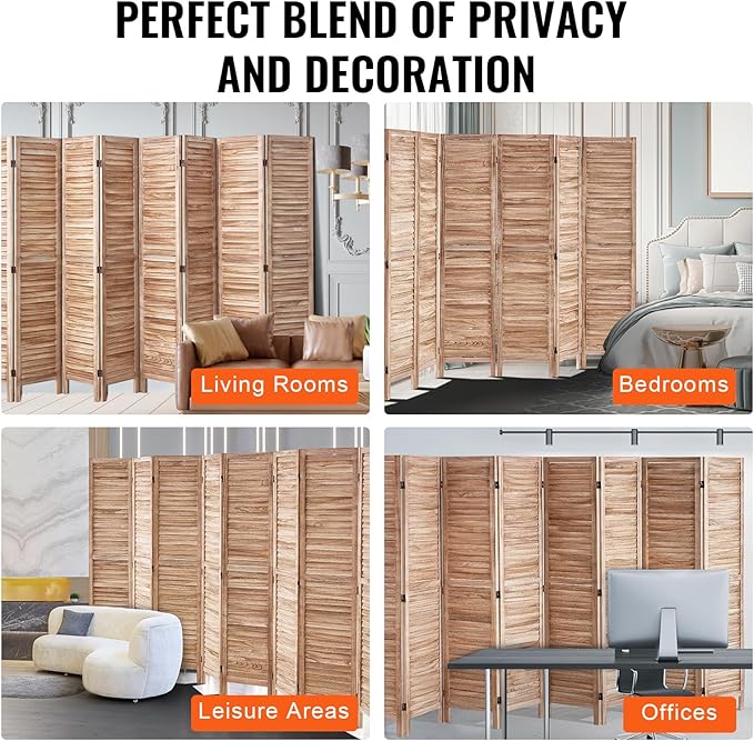 VEVOR Wood Room Divider, 8 Panel Wood Folding Privacy Screen, 66.9 Inches Tall Indoor Louvered Partition Divider, Portable Decoration Screen, for Room Separation, Home, Office, Restaurant & Bedroom
