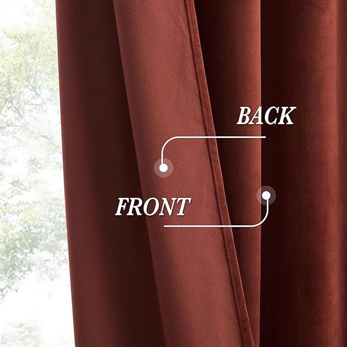 RYB HOME Rust Red Velvet Curtains 102 inches, Back Tab Soft Fabric Room Darkening Thermal Insulated Luxurious Home Decor Curtains for Living Room Bedroom, W 52" x L 102", 2 Panels Set