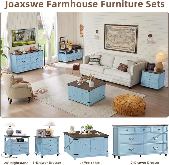 24" Wide Farmhouse Nightstand with Charging Station Set of 2, 54" 7 Drawers Dresser, 45" Tall Rustic Chests of 5 Drawers, Farmhouse Furniture Series for Bedroom,LightBlue