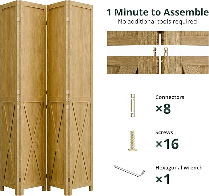 Cozy Castle Wood Room Divider, 4 Panels Folding Privacy Screen, 66.9'' Wall Divider, Barnwood Room Separator, Freestanding Partition, Temporary Wall for for Home Office Restaurant Decorative, Natural
