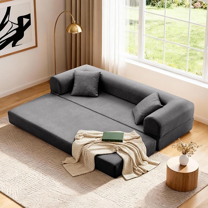 Convertible Folding Sofa Bed,78.5 Inch Faux Leather Futon Couch with Pillows & Storage Pocket,5-in-1 Queen Sleeper Sofa in a Box with Pull Out Bed,Boneless Couch for Living Room Bedroom,Gray