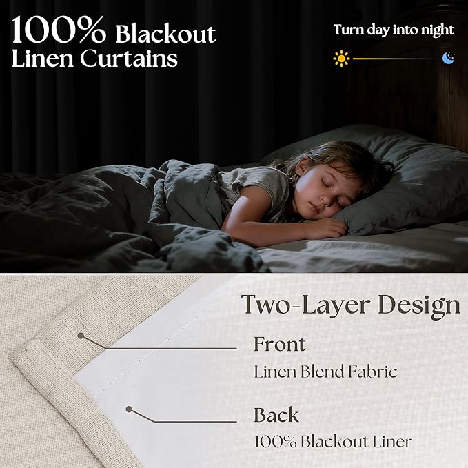 Pleated Cream Ivory 86 Inch Blackout Curtains for Living Dining Room 2 Panels Set Boho Farmhouse Pinch Pleat Natural Linen Black Out Bedroom Curtains Thermal Insulated Room Darkening 2 Layer Design