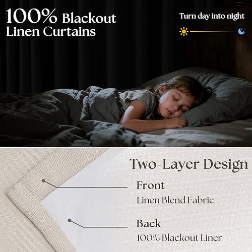 100 Inch Blackout Linen Curtains Pinch Pleated Back Tab Dual Layer Thermal Inslulated Room Darkening 100% Black Out Curtains 2 Panels for Sliding Glass Door Bedroom Living Cream Ivory Window Drapes