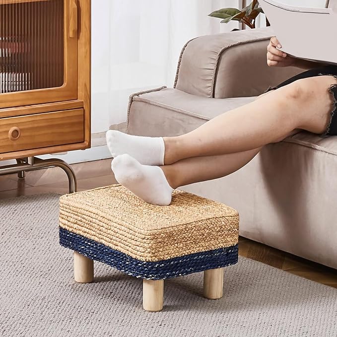 Wimarsbon Natural Seagrass Footstool Ottoman Rectangular Footrest Pouf Ottomans with Wooden Legs Hand Weave Step Stool for Living Room Bedroom Entryway Blue