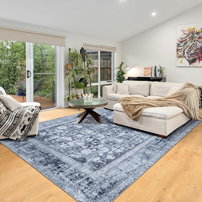 Area Rug 8×10, Large Vintage Boho Rug,Ultra-Soft Low Pile, Washable, Non Slip,Stain Resistant, Printed Carpet for Living Room Bedrooms Playroom Office Kitchen, Stone/Blue