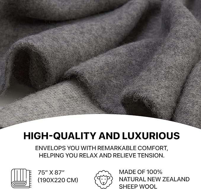 | Wool Blanket/Throw | 100% New Zealand Wool | Perfect for Home and Outdoors | Virgin Wool Throw with Fringes 75"x87" (190 x 220 cm)