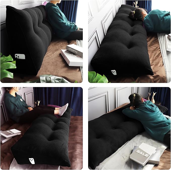 WOWMAX 100% Cotton Corduroy Headboard Pillow – California King Size Back Support Reading Wedge for Bed & Daybed, Plush Handmade Bolster Cushion with Removable Cover, Cozy Bed Rest Pillow, Black