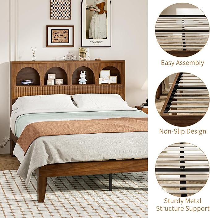 Full Bed Frame with Wave Headboard, Storage Headboard with 4 Arched Storage Compartments, Farmhouse Wooden Full Bed Frame, No Box Spring Needed, No Noise (Full-Walnut)
