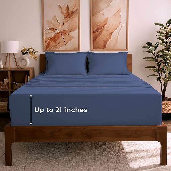 Mellanni Queen Sheet Set - 6-Piece Iconic Collection Bedding, (Including 4 Pillowcases), 21-Inch Extra Deep Pocket, Easy Care, Ultra Soft, Cooling Sheets, Brushed Microfiber - Blue Nova