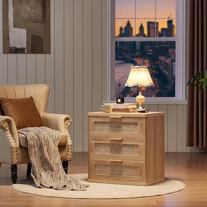LEYAOYAO Rattan Dresser and Nightstand Sets 3 Piece, Boho Wood Dresser for Bedroom with 6 Drawers and Night Stand with 3 Drawer, Bedroom Furniture, Dressers & Chests of Drawers, Living Room, Hallway
