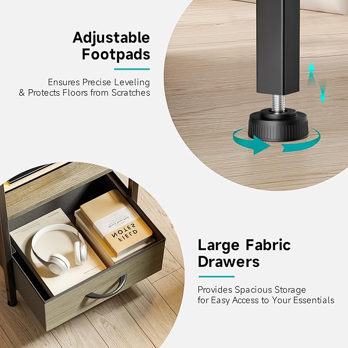 Grey NightStand with Charging Station - Morden Nightstand with USB Ports & AC Outlets, Grey End Table with Storage Shelf & 4 Fabric Drawers, LED Light Strip