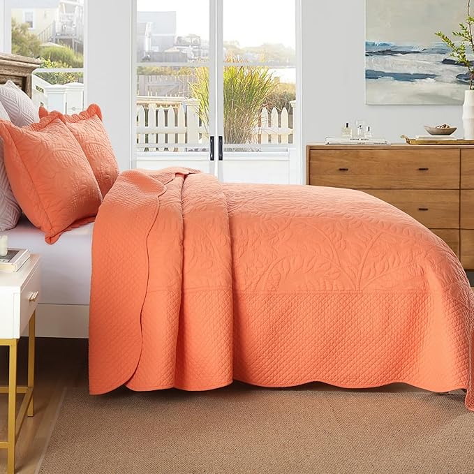 MarCielo 3-Piece 100% Cotton Oversized Bedspread Lightweight Quilt Coverlet Embroidery Farmhouse Bedding Set T0 (Salmon, Oversized King (118"x106"))