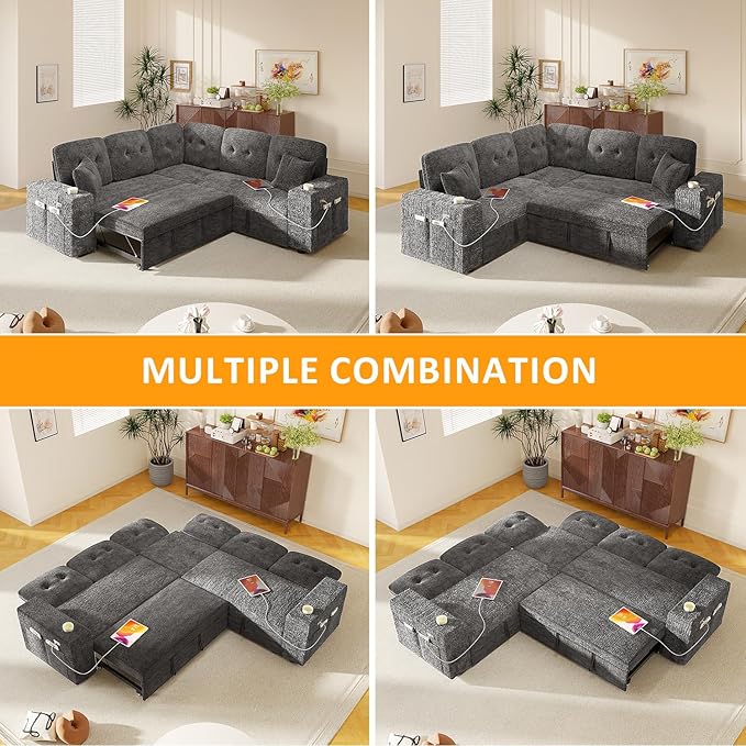 Modular Sectional Sleeper Sofa with Pull Out Bed, L Shaped 5 Seat Sectional Couches for Living Room, 84 Inch Sofa Bed with Adjustable Backrest | Hidden Storage | Wide Armrest | Grey