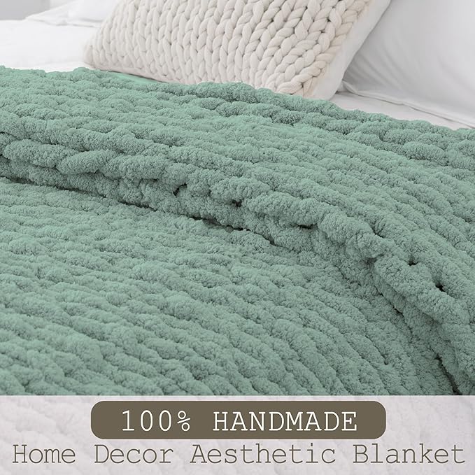 Chunky Knit Throw Blanket 60"X 80", 100% Handmade with Soft Chenille Yarn, 6.7lbs Thick Cable Knitted Blankets, Large Rope Knot Crochet Throws for Couch Sofa Bed Home Decor, Sage Green