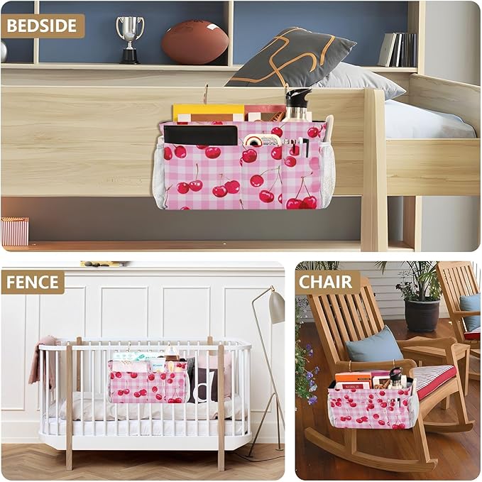 Bedside Caddy Hanging Bunk Bed Caddy Bed Organizer Hanging Pocket with 2 Hooks Bedside Storage Organizer Pocket Bag Holder Pink Juicy Checkered Cherry