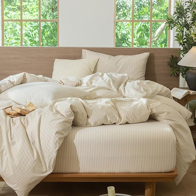 MooMee Striped Duvet Cover Set 100% Washed Cotton Linen Like Textured Breathable Durable Soft Comfy (Almond Milk Grey White Wide Stripes, Oversized Full 82"x86")
