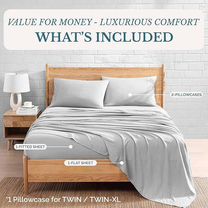 Casa Platino Queen Bed Sheet Set, Brushed Microfiber Bedding with 15” Deep Pocket Fitted Sheet, Pre-Washed & Fade Resistant, Soft Texture, Lightweight Queen Sheet Set for Everyday Use – Silver