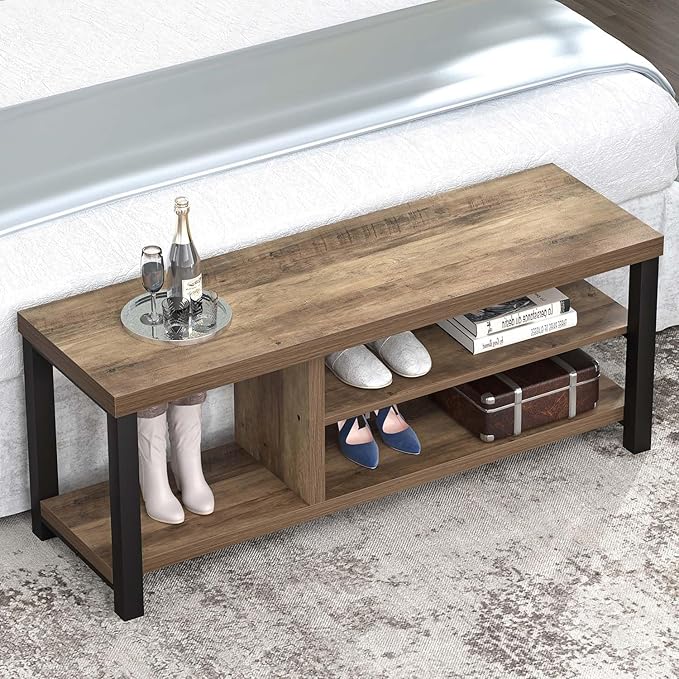 FOLUBAN Shoe Bench for Entryway, Wood and Metal Indoor Bench with Shoe Storage and Seating for Bedroom, Hallway, Living Room, Rustic Oak, 43.3 Inch